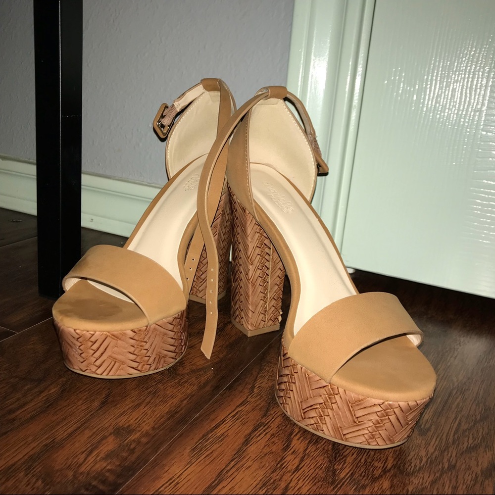 nude basket weave platform heels
